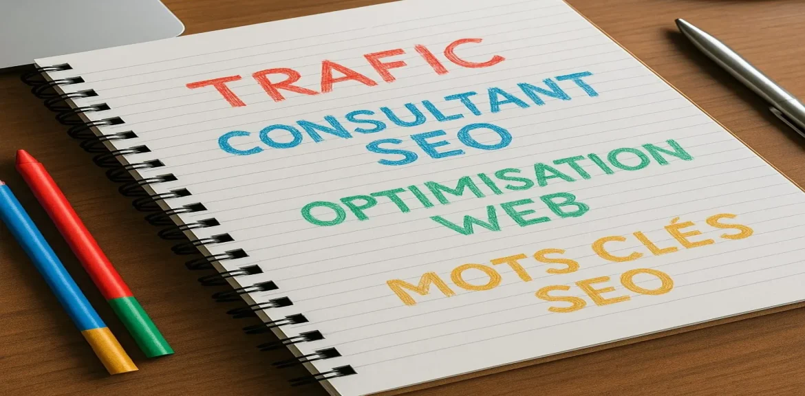 Cahier ouvert sur un bureau avec les termes Trafic, Consultant SEO, Optimisation Web et Mots clés SEO écrits en couleur