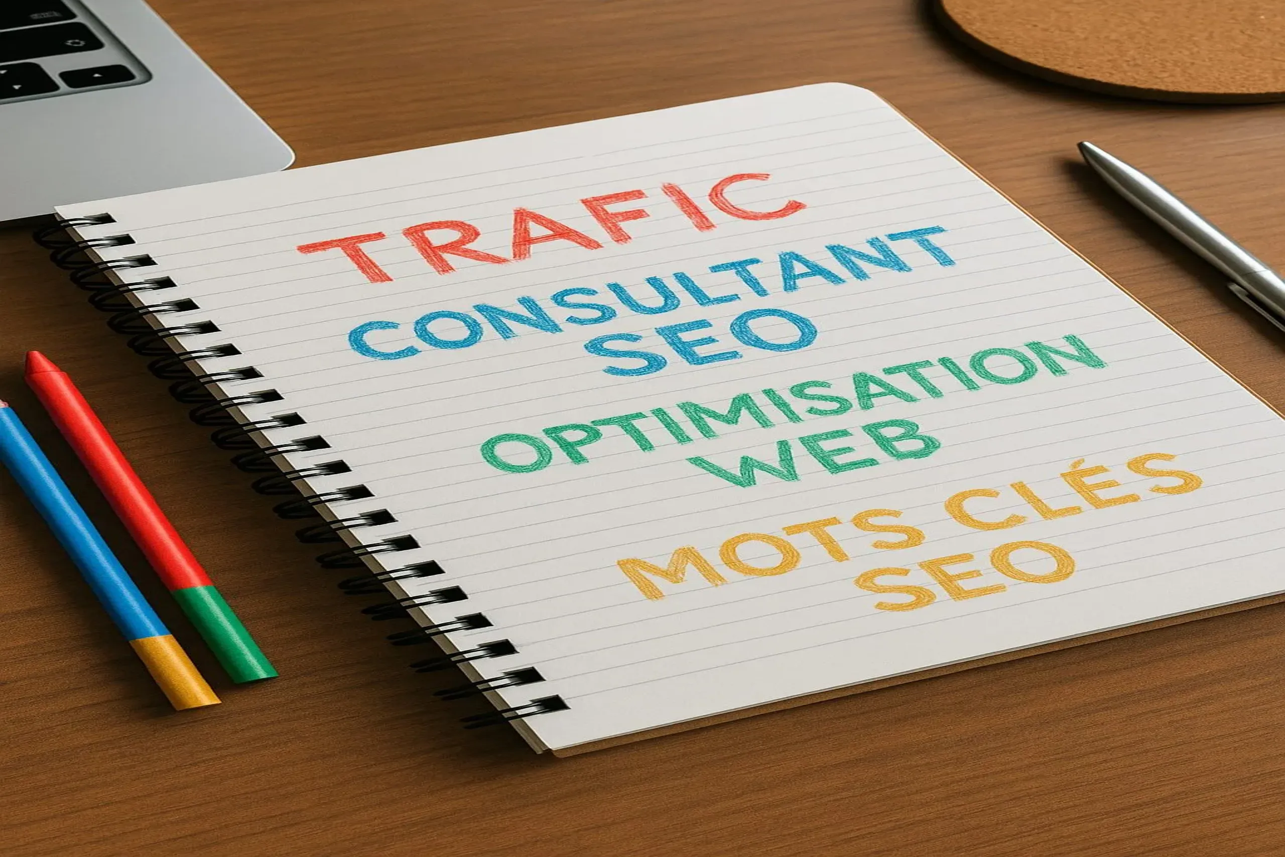 Cahier ouvert sur un bureau avec les termes Trafic, Consultant SEO, Optimisation Web et Mots clés SEO écrits en couleur