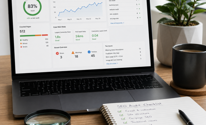 Dashboard d'audit SEO affichant trafic organique, Core Web Vitals et top keywords, avec une checklist d'audit SEO posée sur un bureau