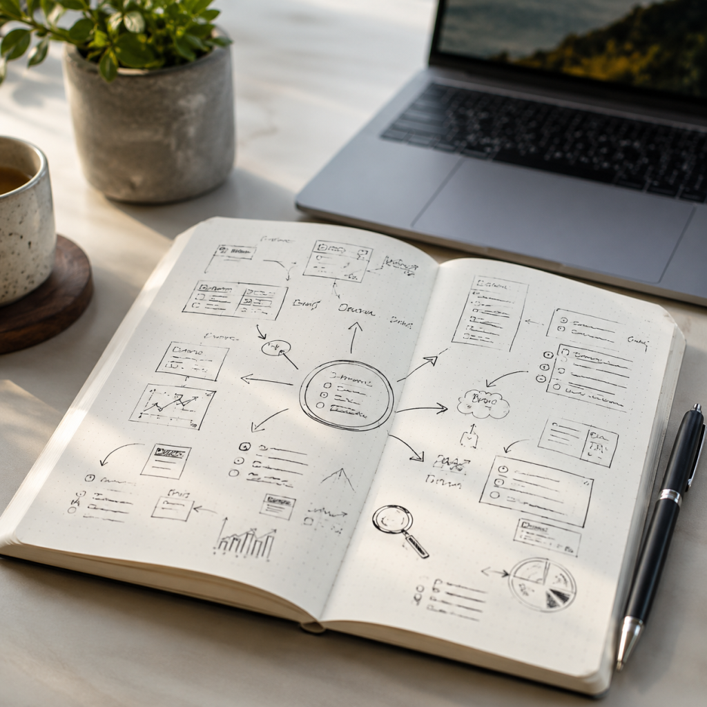 Carnet ouvert avec des schémas de stratégie SEO dessinés à la main, posé sur un bureau épuré avec un ordinateur portable en arrière-plan.