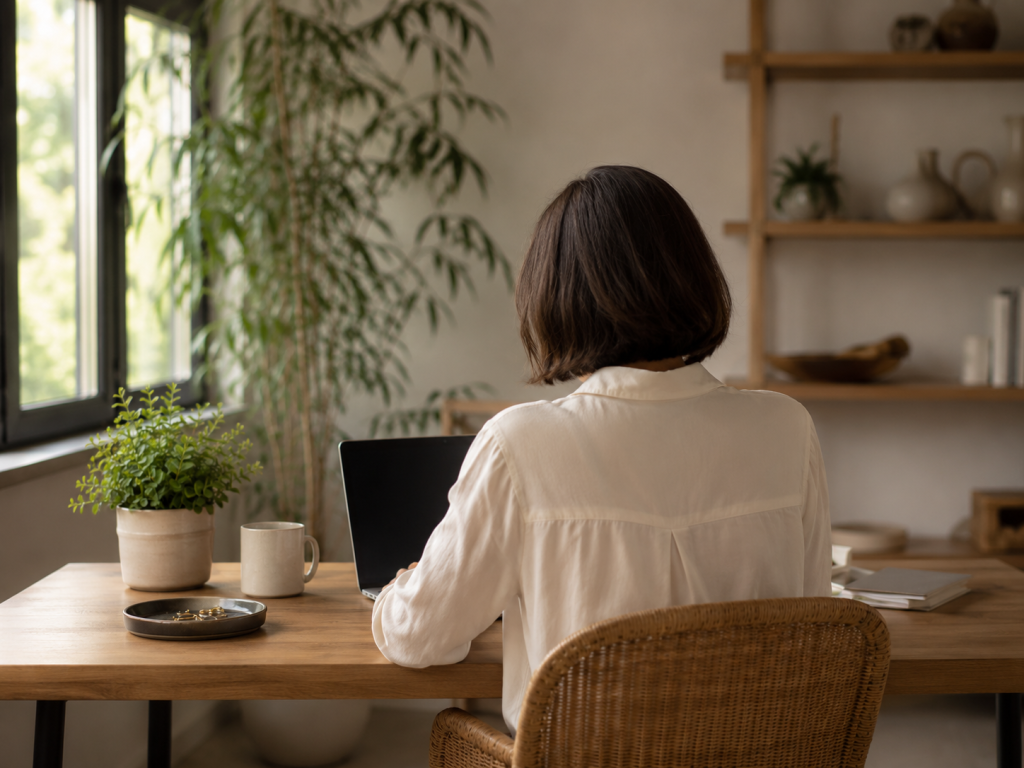 Consultante SEO freelance vue de dos, travaillant sur son ordinateur portable dans un espace de travail lumineux et végétalisé.
