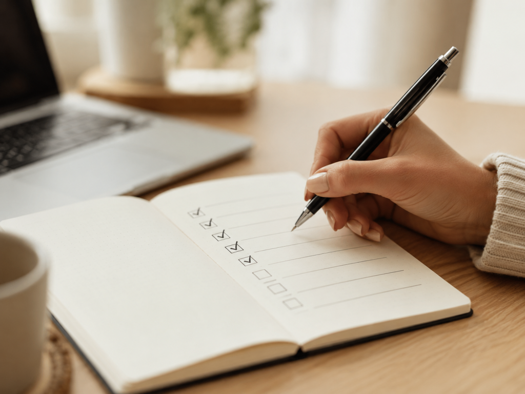 Main de femme cochant une checklist dans un carnet ouvert, illustrant les services inclus dans un pack SEO clés en main.
