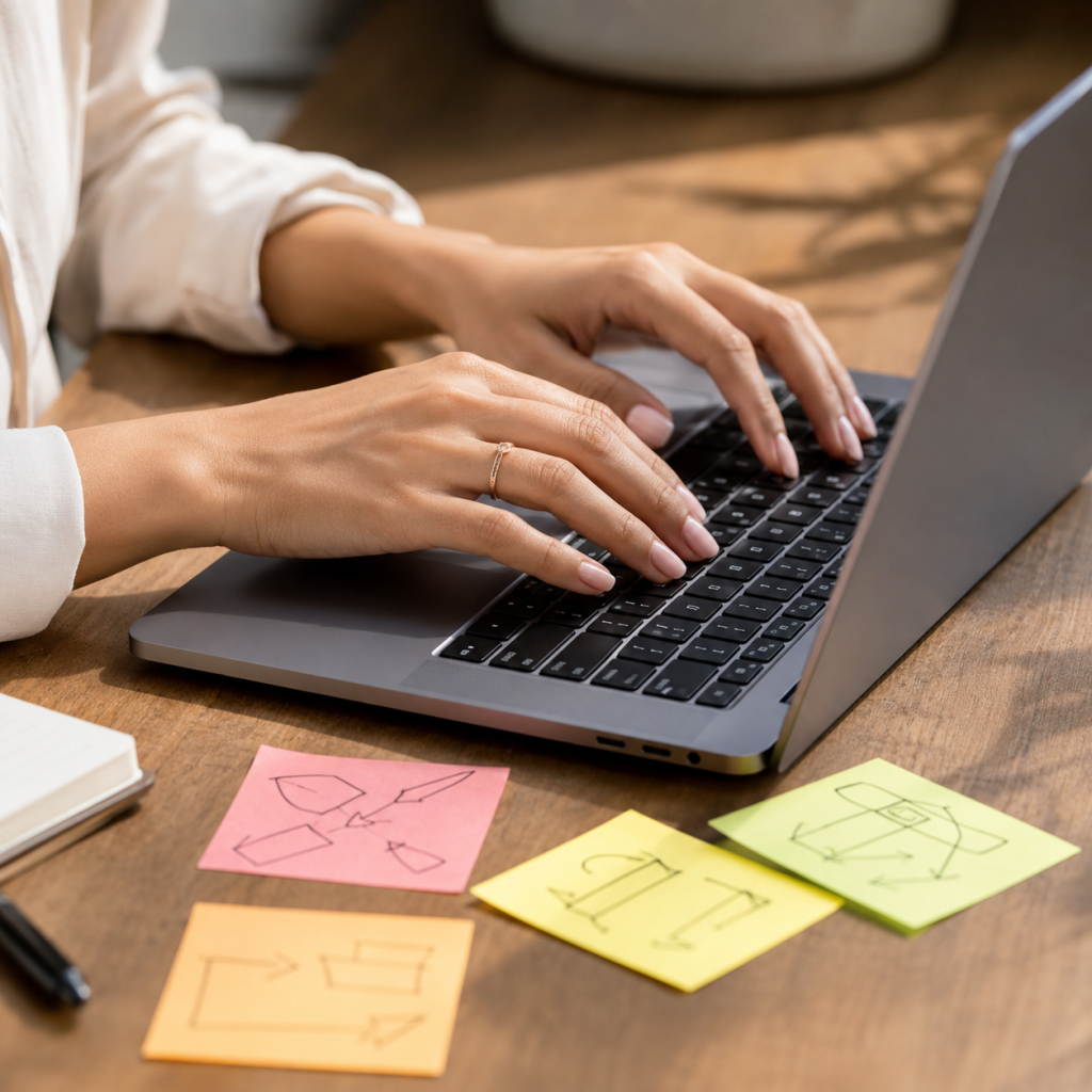Mains de femme tapant sur un clavier d'ordinateur portable, entourées de post-its colorés avec des schémas de stratégie SEO.