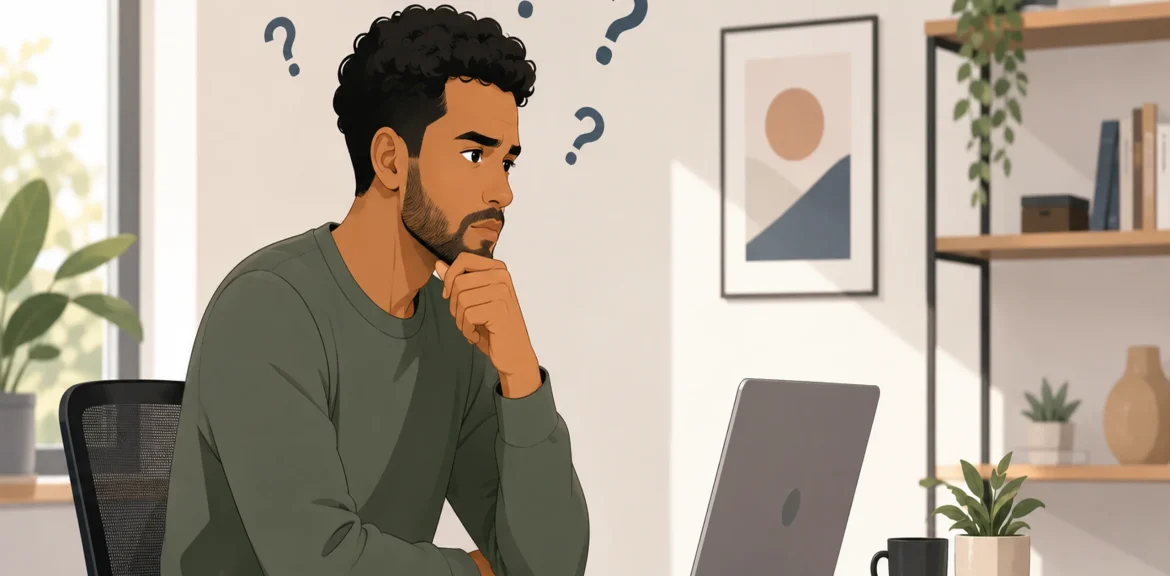 Homme perplexe assis devant son ordinateur portable, se demandant pourquoi son site n'apparaît pas sur Google
