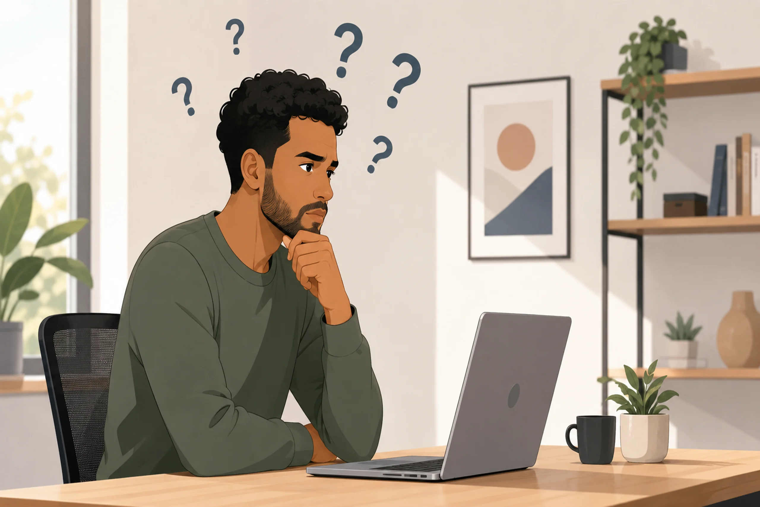 Homme perplexe assis devant son ordinateur portable, se demandant pourquoi son site n'apparaît pas sur Google